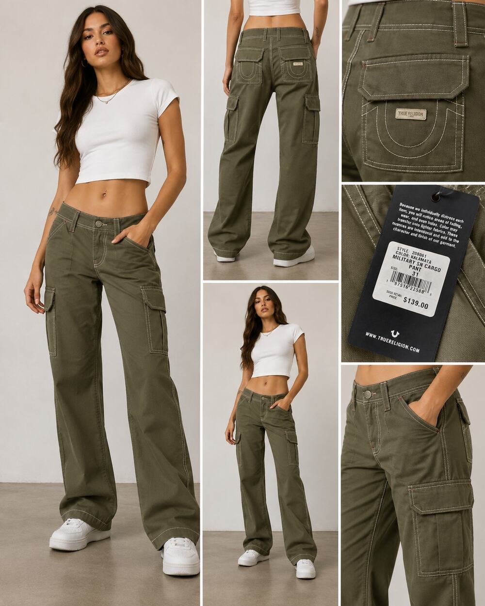 NWT True Religion Military Cargo Pants 31 Olive Green Y2K Wide